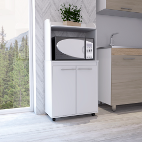 Kitchen Cart Totti, Double Door Cabinet, One Open Shelf, Two Interior Shelves, White Finish