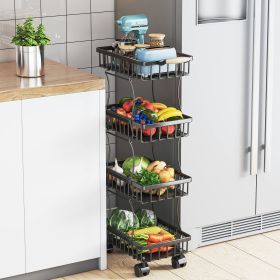 4 Tier Fruit Vegetable Basket for Kitchen, Storage Cart, Vegetable Basket Bins, Wire Storage Organizer Utility Cart with Wheels, Medium, Black